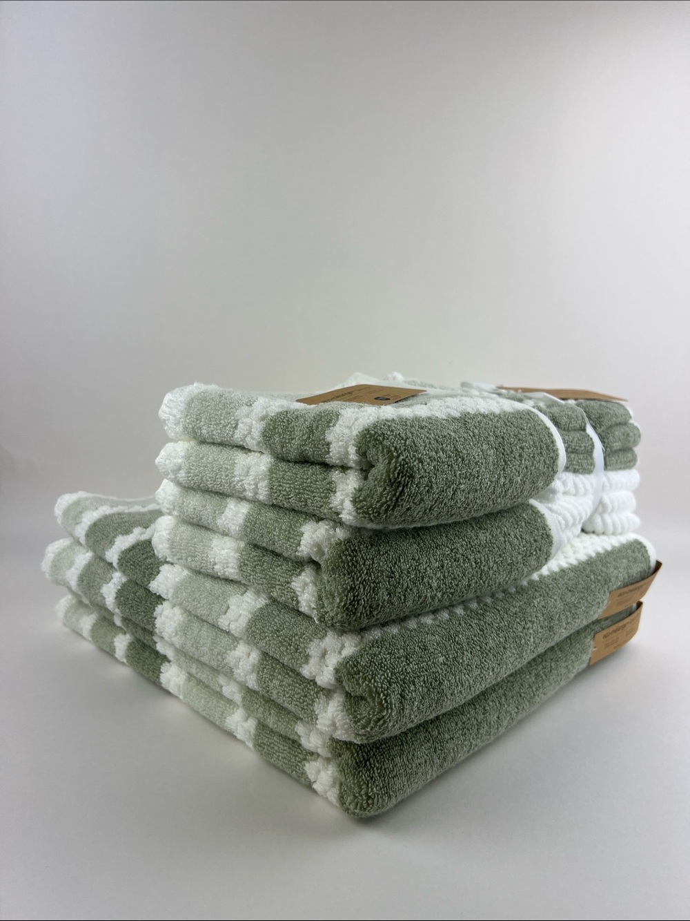 Eco Melange Bath Towels Green White Quick Dry Soft 100% Cotton 10 Pc Set NEW